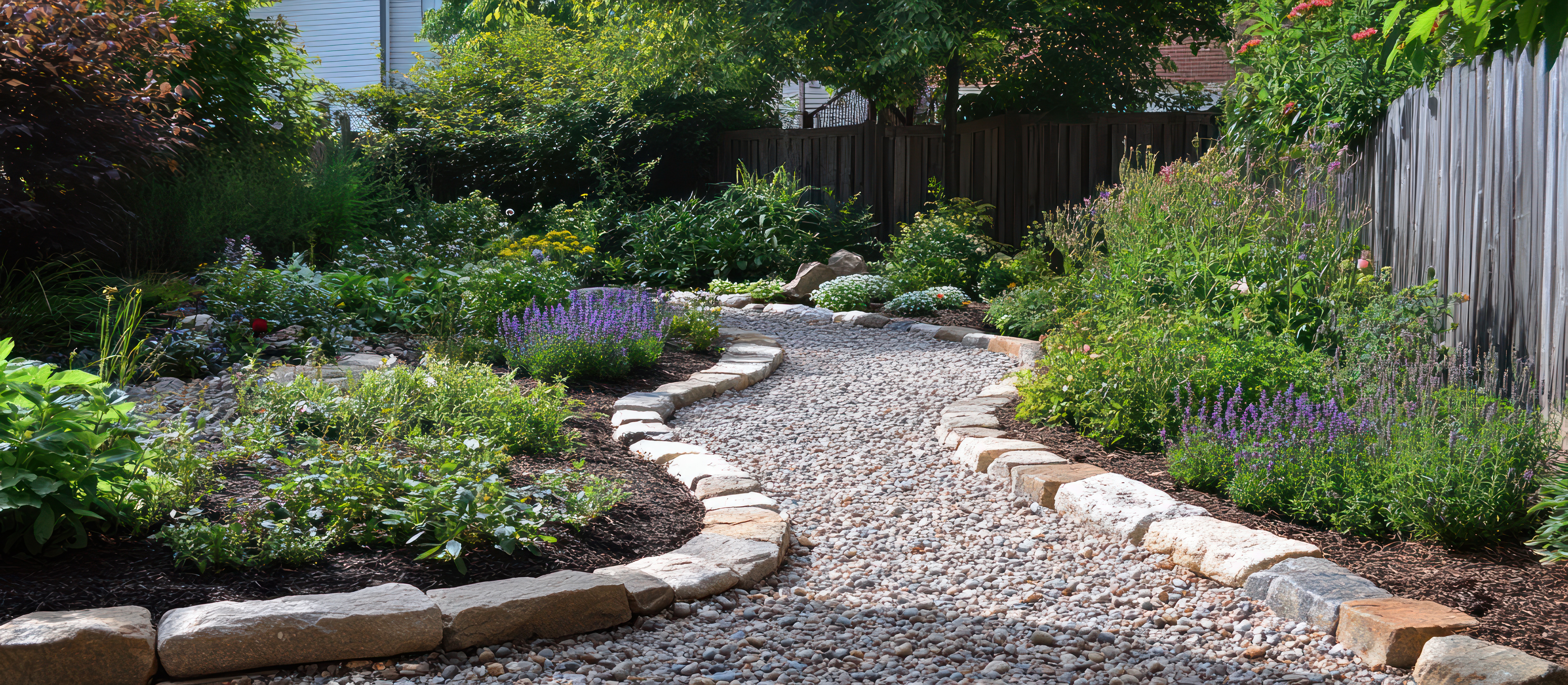 A winding stone path leads through a lush garden with vibrant fo