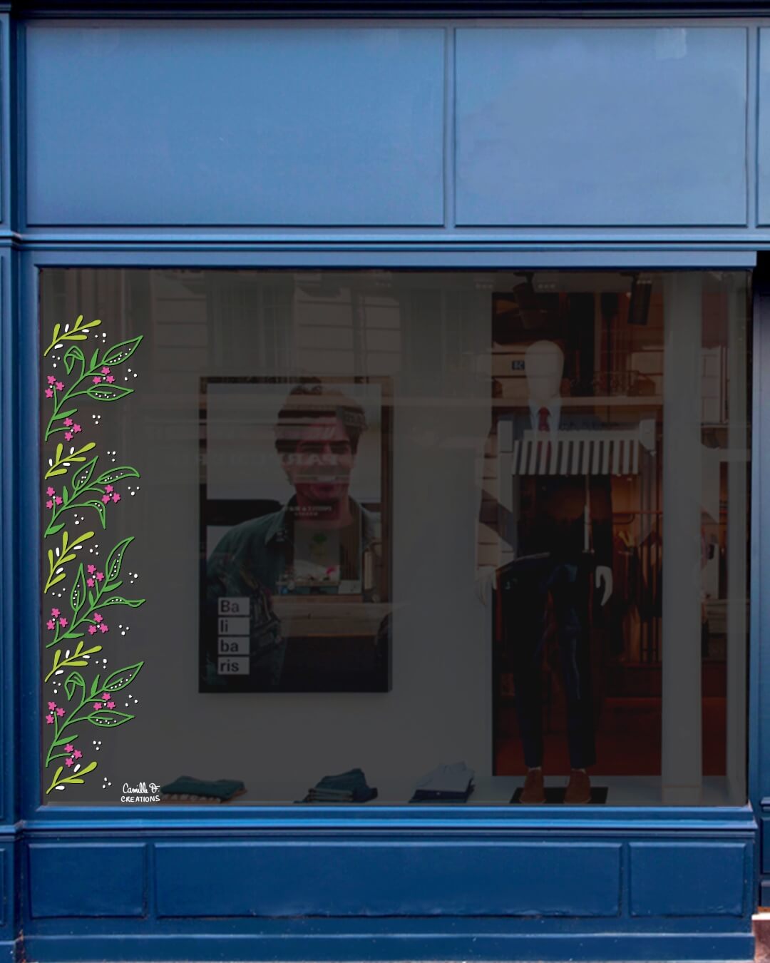 Peinture sur vitrine à Paris et dans les Yvelines, bordure végétale et fleurs pour décor vitrine sur le thème du printemps