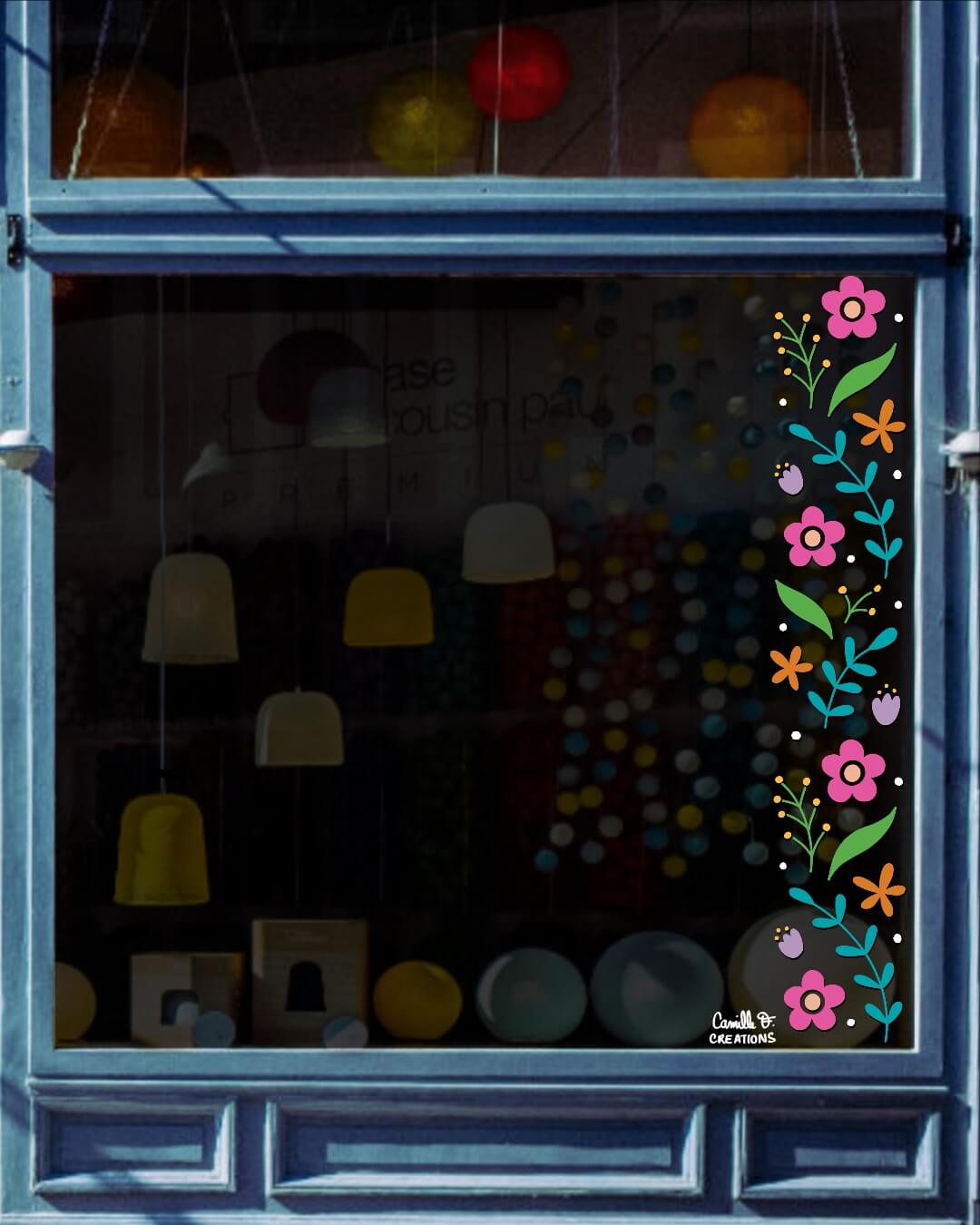 Peinture sur vitrine à Paris et dans les Yvelines, bordure végétale et fleurs pour décor vitrine sur le thème du printemps
