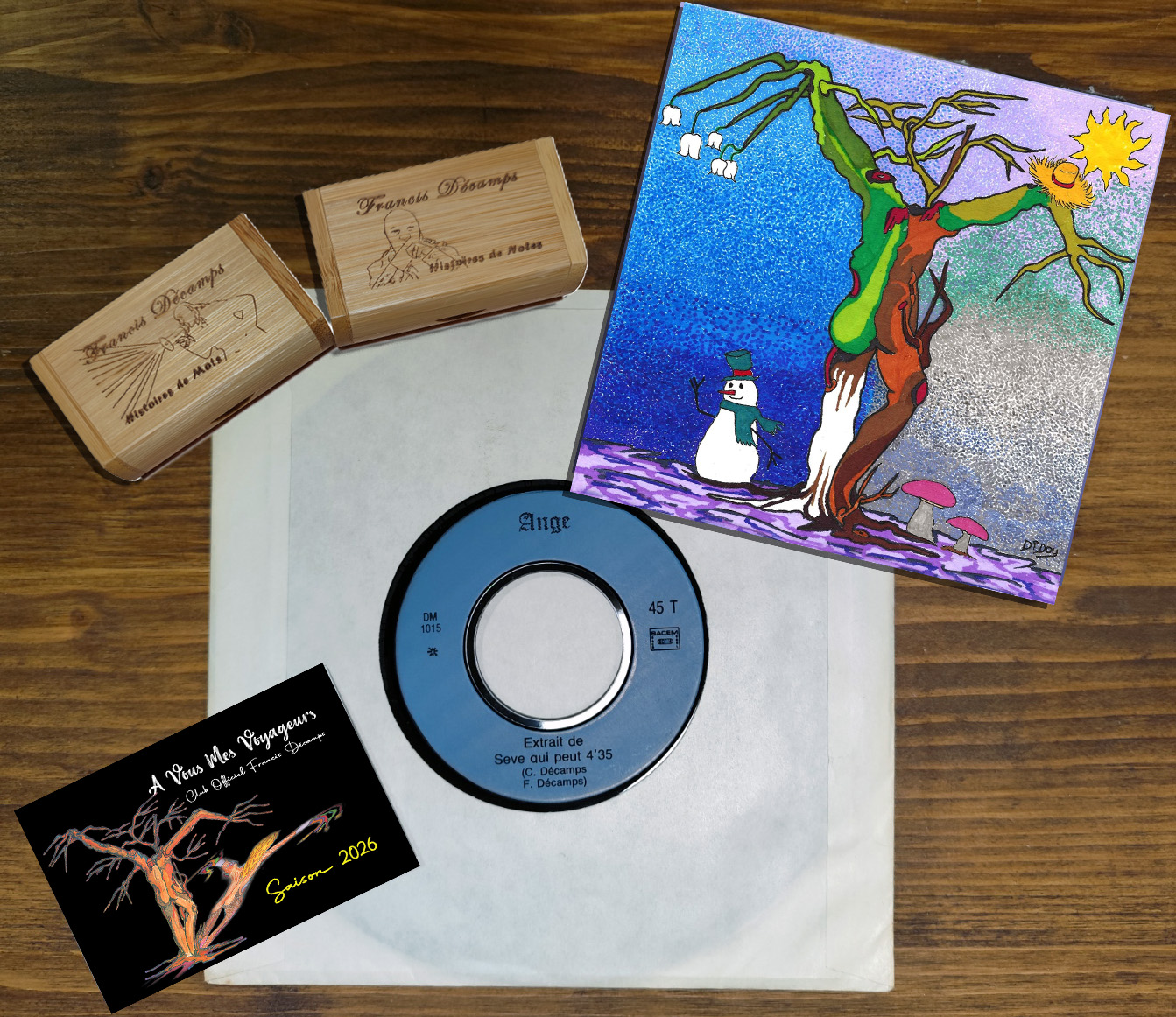 Adhésion Club Francis Décamps A Vous Mes Voyageurs + 45 Tours promo Ange "Sève qui peut" + clés Edition spéciale USB "Histoires de Mots" et "Histoires de Notes"