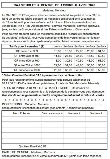 Inscription caj vacances printemps