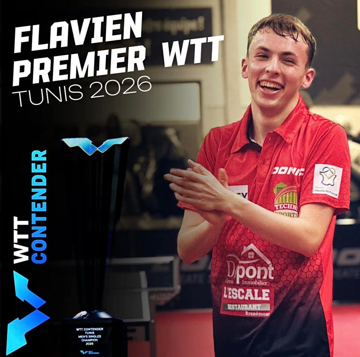 Flavien Coton vainqueur de son 1er WTT Contender de tennis de table à Tunis le 29 Mars