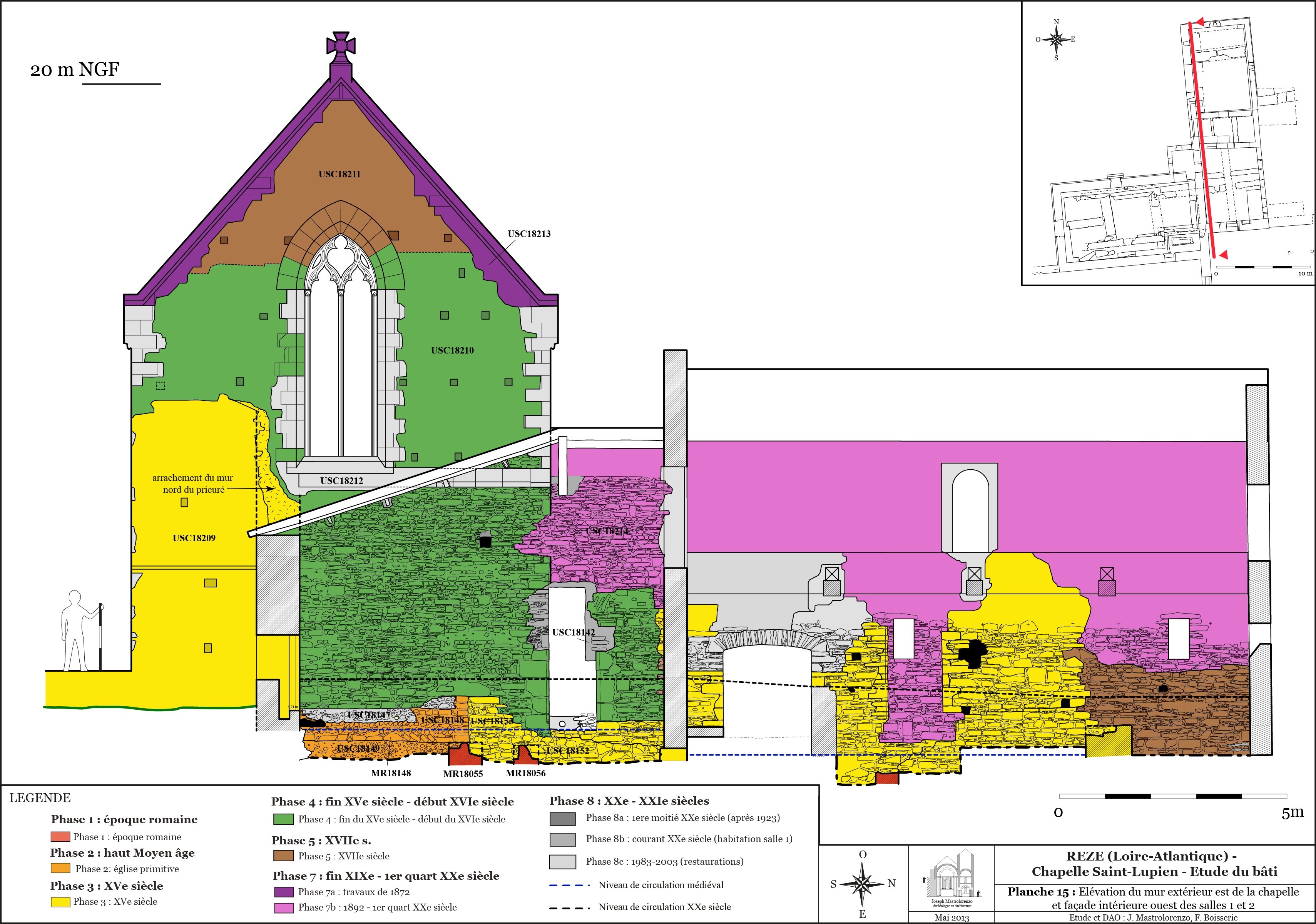 Planche 15 elevation du mur exterieur est de la chapelle et facadeinterieure ouest des salles 1 et 2