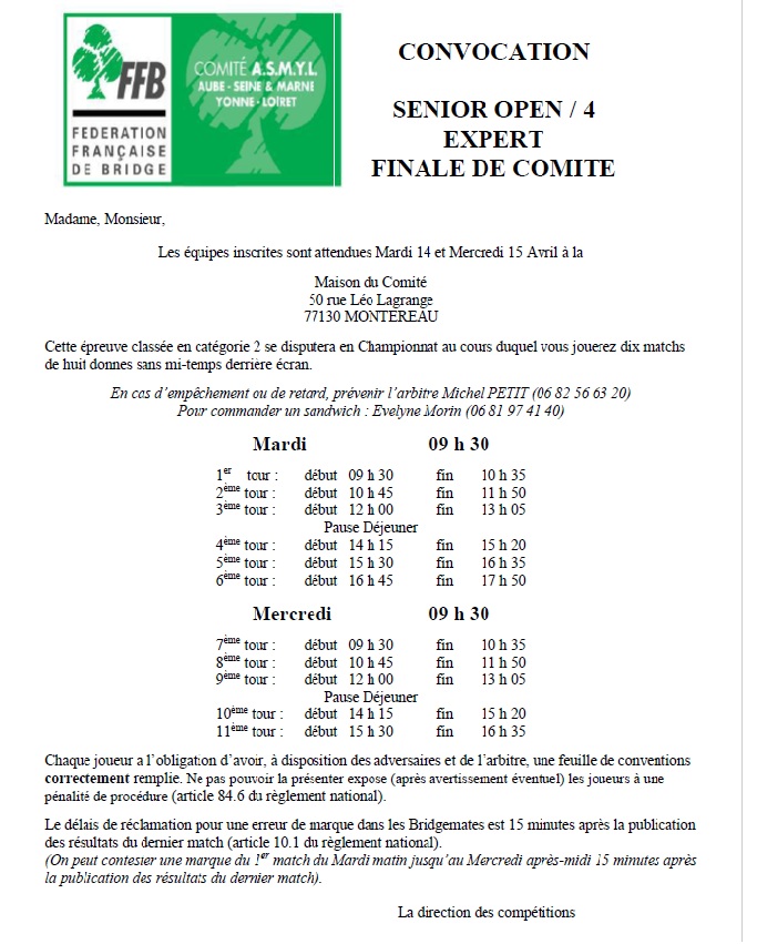 CONVOCATION SENIORS OPEN  EXPERT /4 FINALE de COMITE