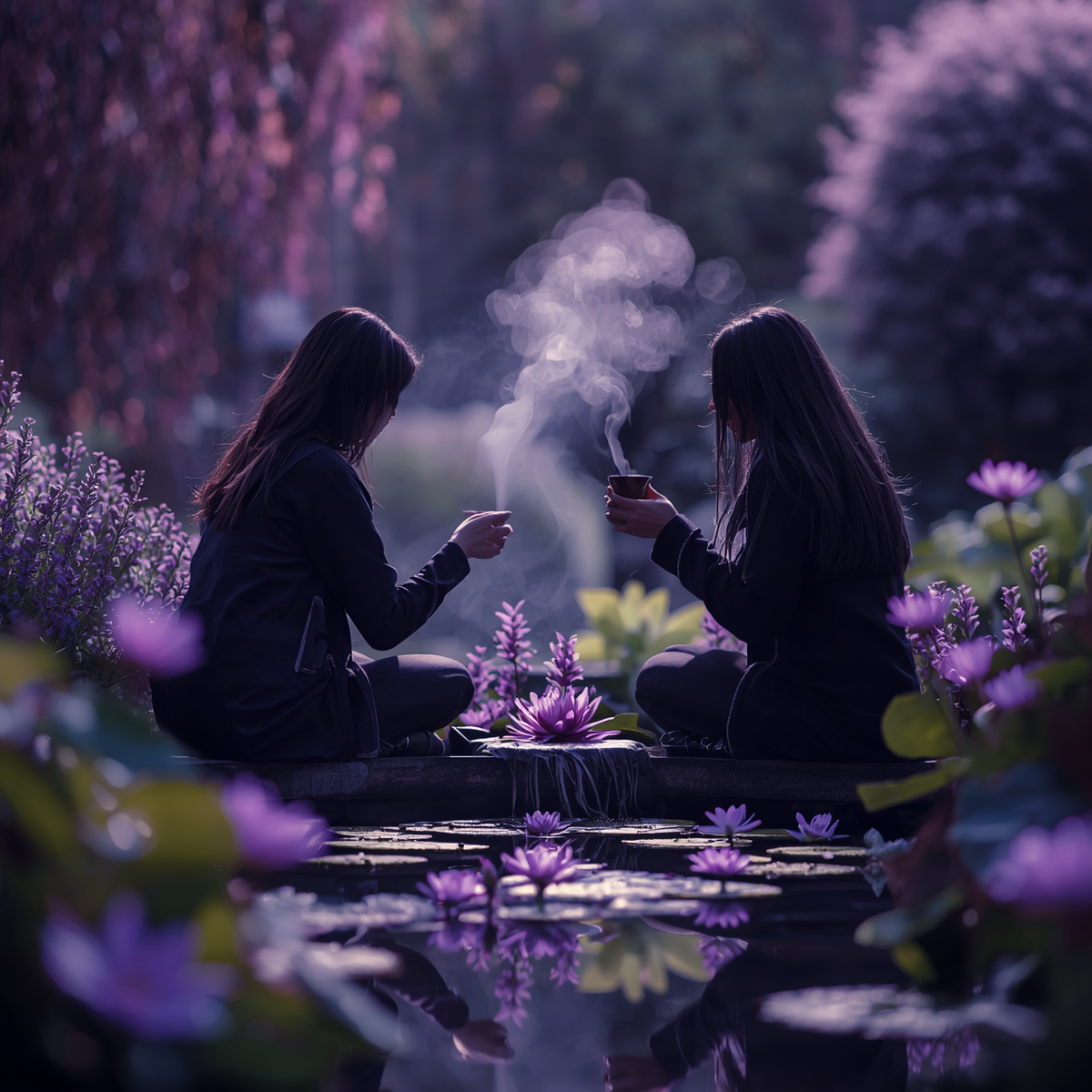 Deux-personnes-partageant-le-the-au-bord-d-un-bassin-d-eau-avec-nenuphars-entourees-de-plantes-luxuriantes-vapeur-de-the-s-elevant-entre-elles-visages-non-visibles-vue-de-dos-ou-de-profil-flou-couleurs-violett
