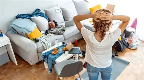 Chambre encombrée avec lit en désordre et femme dormant difficilement, illustrant les déséquilibres du lieu.