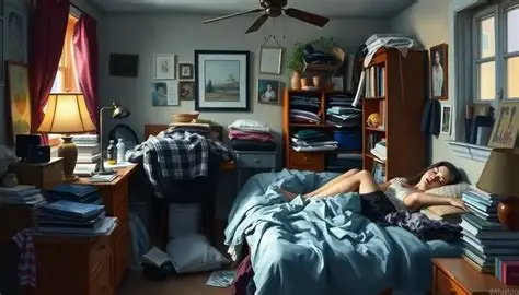 Chambre encombrée avec lit en désordre et femme dormant difficilement, illustrant les déséquilibres du lieu.
