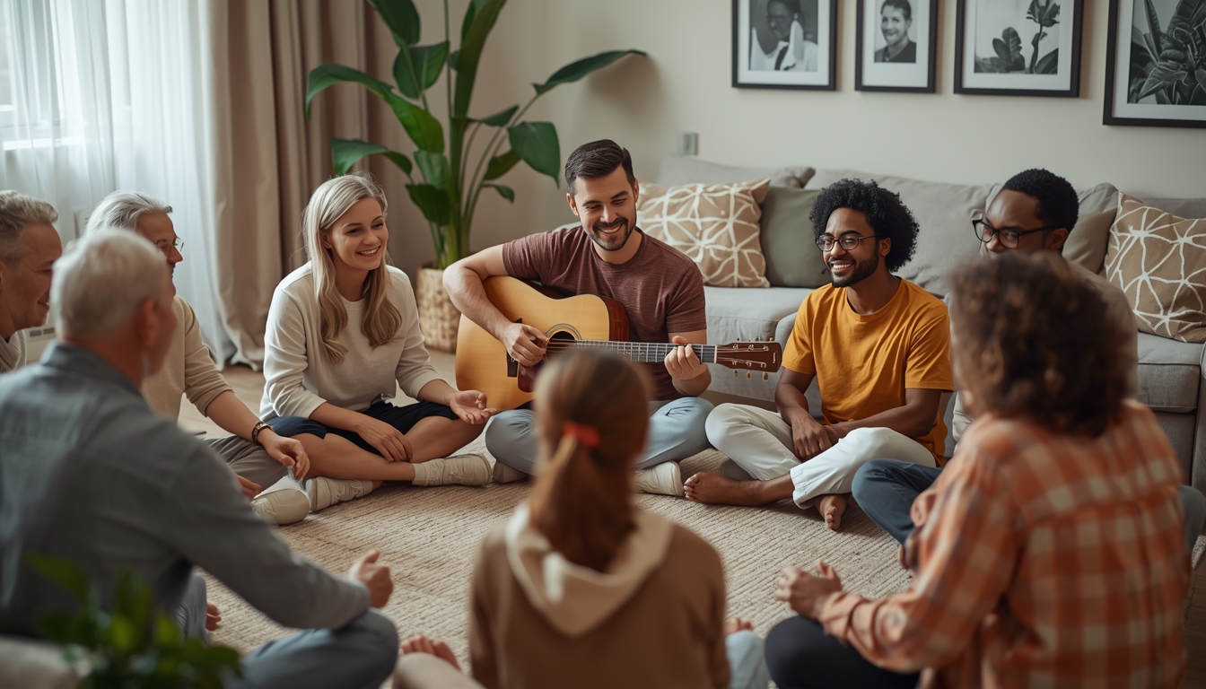 Lucid-origin A group of diverse adults men and women sitting cross-legged in a circle on the -0