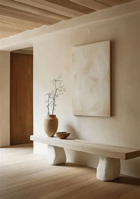 Console blanche épurée avec vase, branche et coupelle, ambiance lumineuse symbolisant l’harmonie intérieure