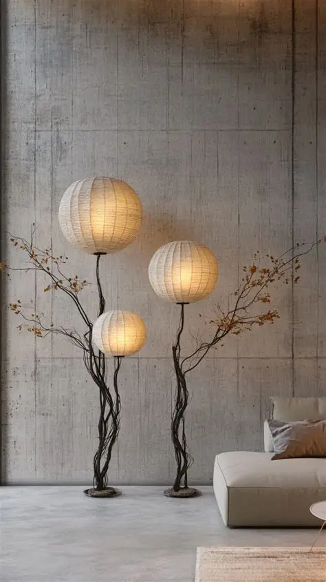 Mur en béton avec lampes métalliques aux branches épurées, ambiance minimaliste évoquant un retour à l’essentiel