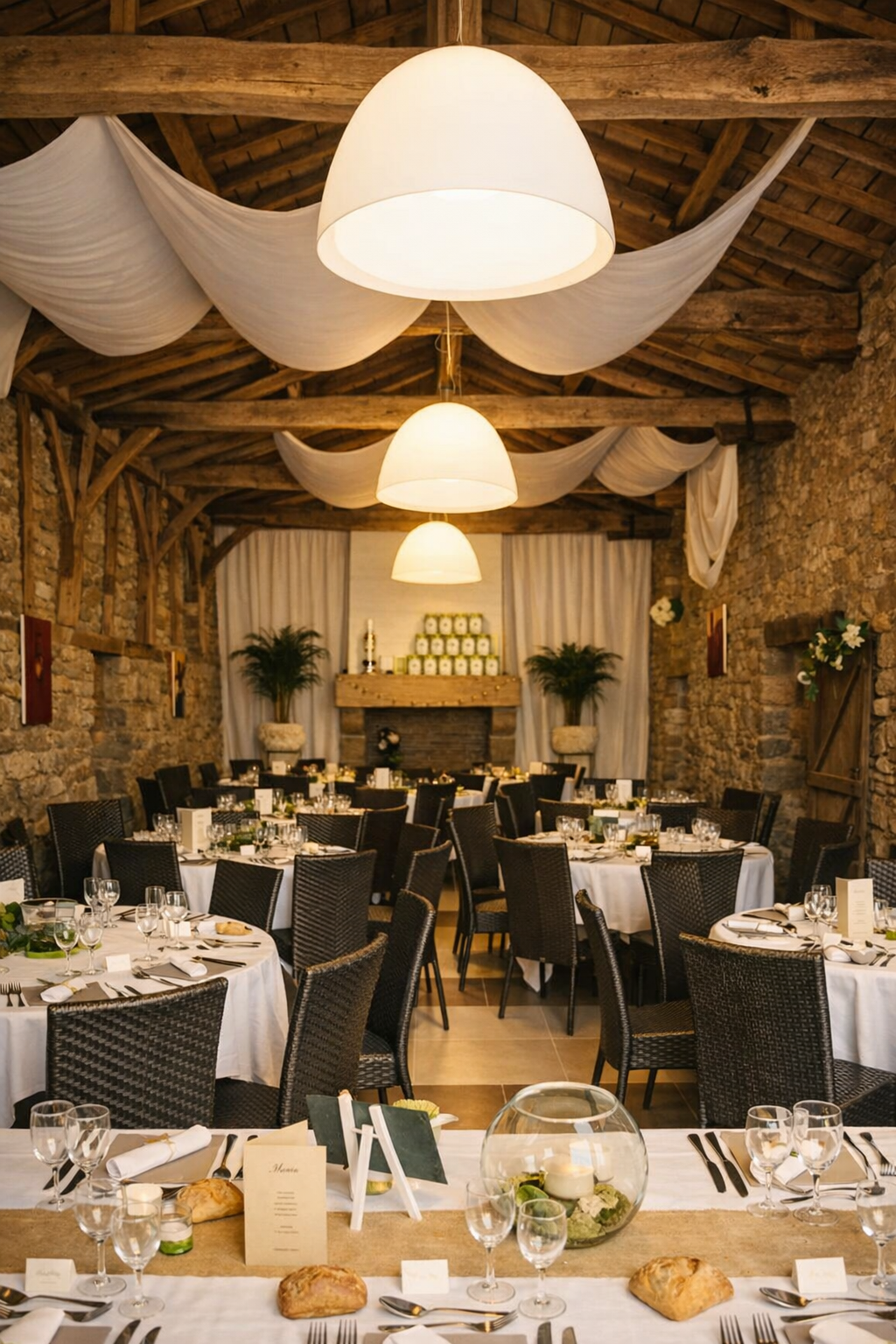 Salle en pierre dressée pour un repas, sous poutres et voilages blancs