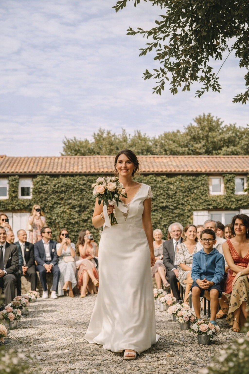 Cérémonie de mariage en extérieur devant la façade en pierre du domaine