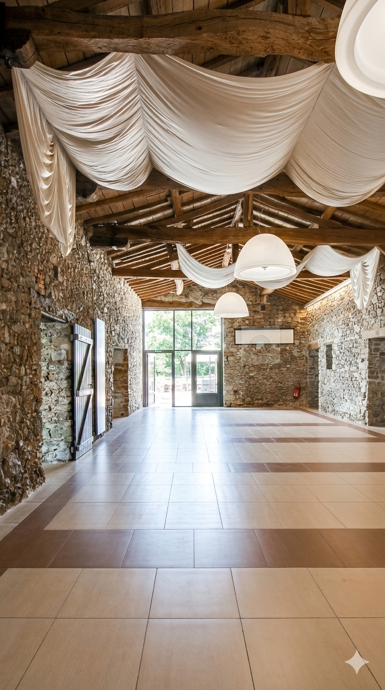 Salle en pierre avec voilages blancs et lumière naturelle du domaine