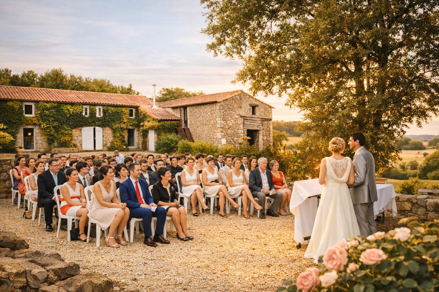 Cérémonie de mariage en extérieur devant la façade en pierre du domaine