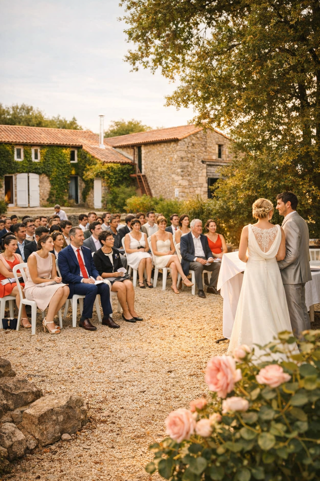 Cérémonie de mariage en extérieur devant la façade en pierre du domaine