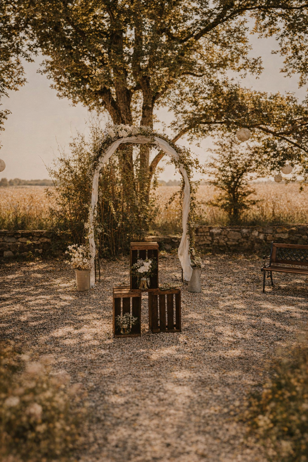 Arche de cérémonie en extérieur sous un grand arbre, décor naturel du domaine