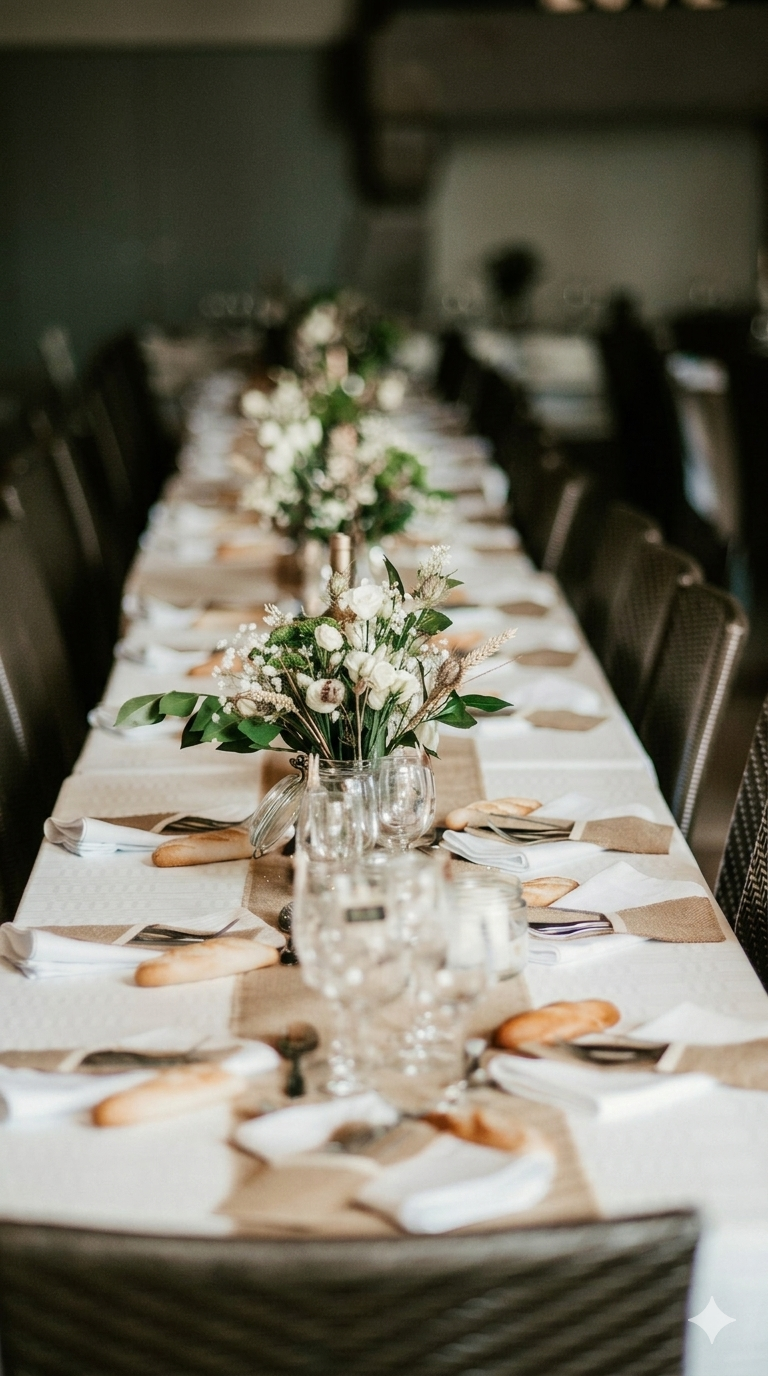 Table de réception dressée avec fleurs blanches dans la salle du domaine