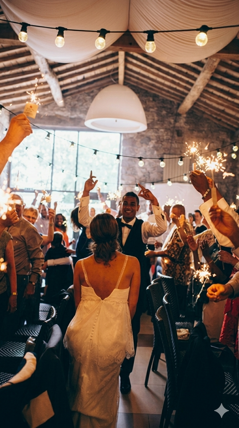 Entrée des mariés dans la salle, entourés des invités et de lumières festives
