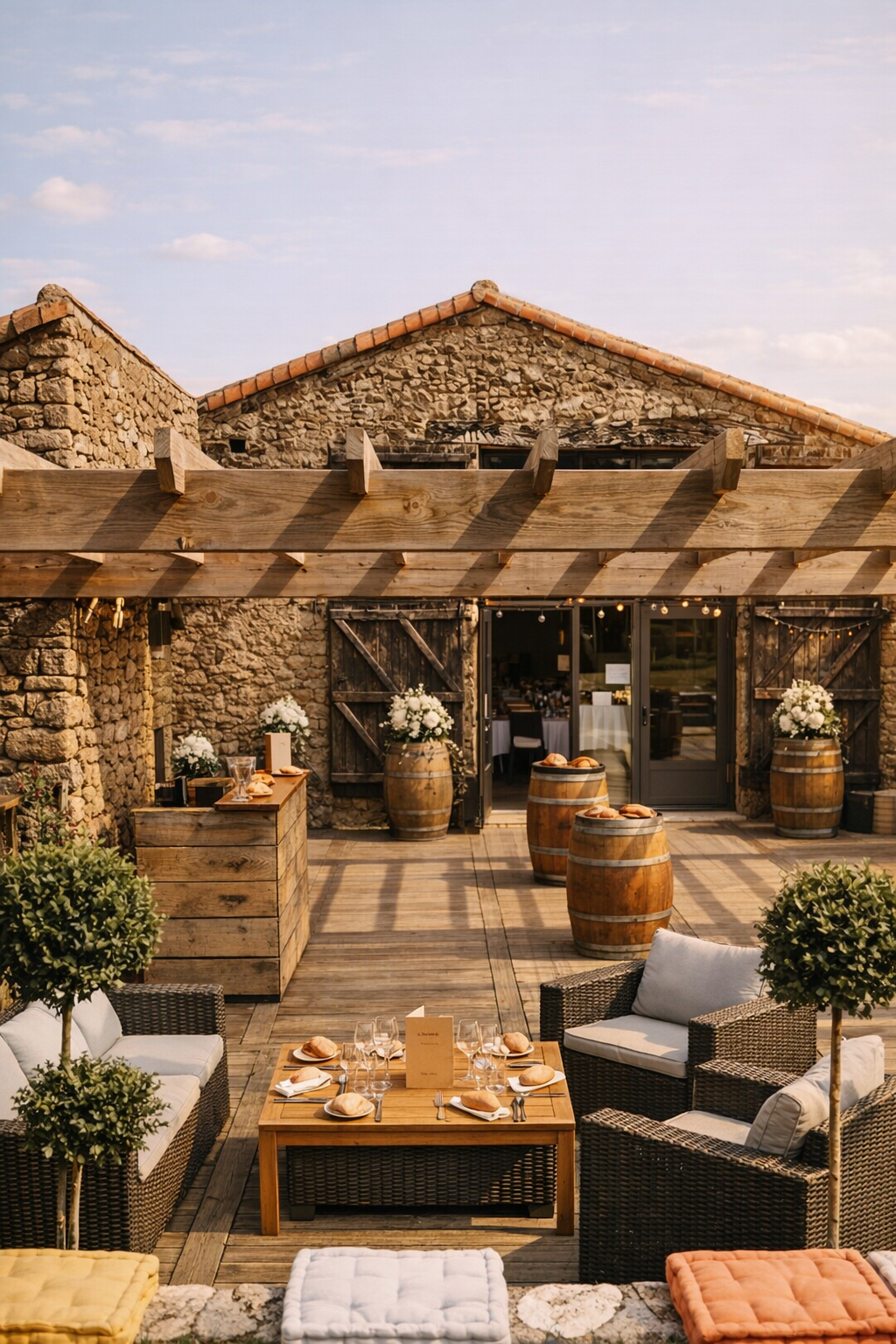 Table extérieure dressée devant la façade en pierre du domaine