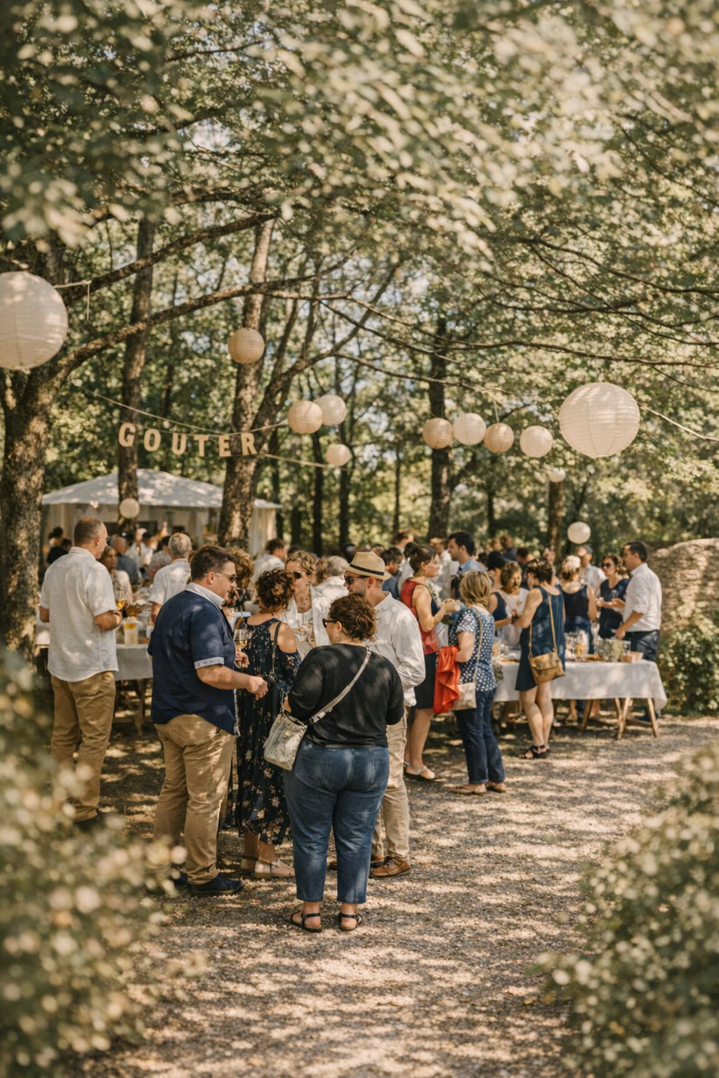 Goûter en extérieur sous les arbres dans le cadre naturel du domaine