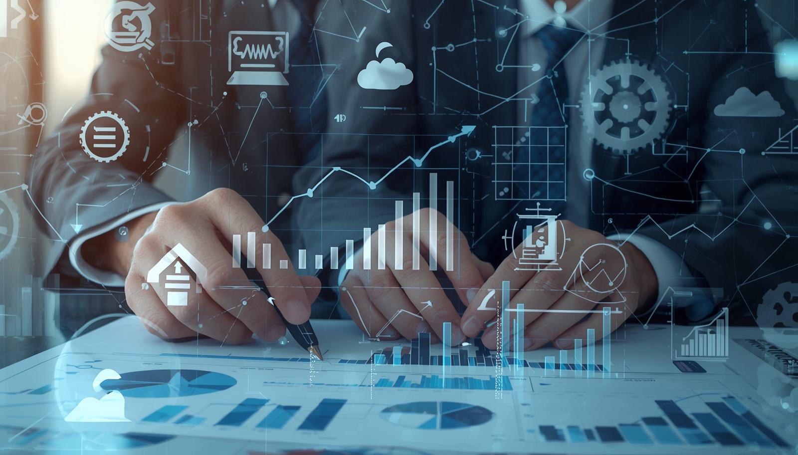 Analyse-strategique-d-entreprise-avec-symboles-corporatifs-professionnels-analysant-des-donnees-avec-logos-d-entreprise-visibles-graphiques-strategiques-melanges-avec-icones-business-engrenages-fleches-de-croissance-symboles-de-