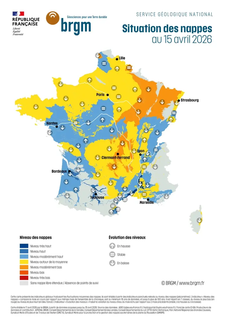Situation des nappes au 15 avril 2026 (source BRGM)