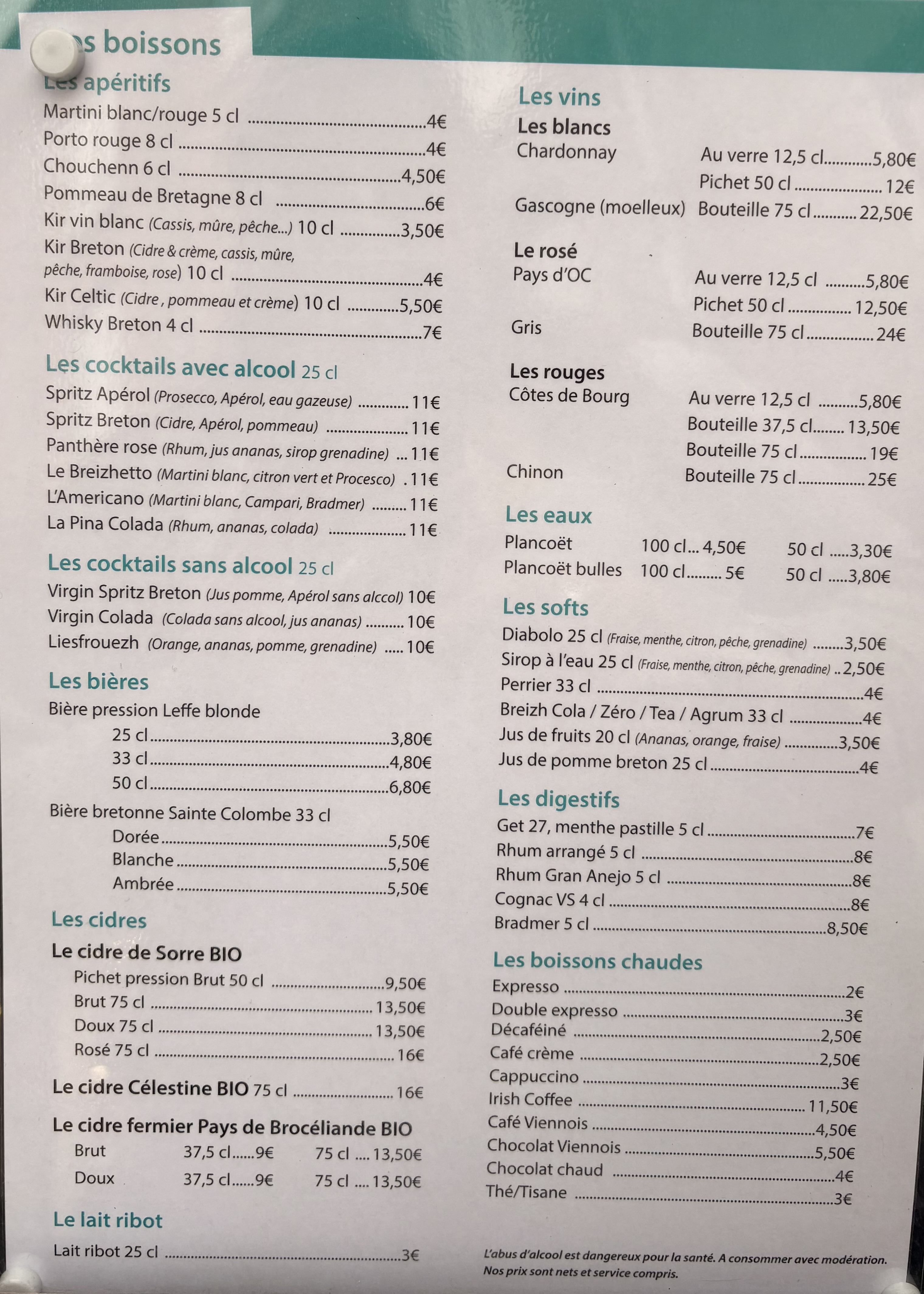 Carte boissons