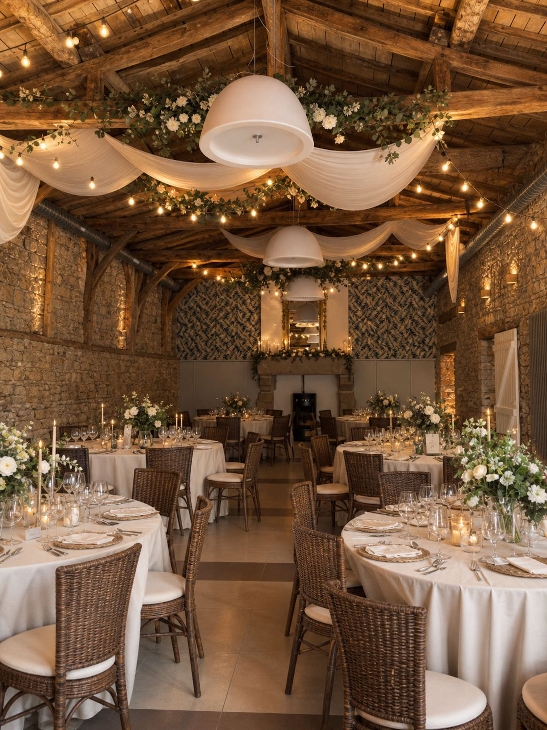 Salle en pierre dressée pour un repas, sous poutres et voilages blancs