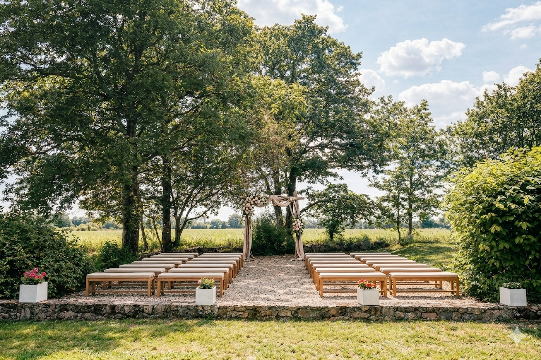 Arche de cérémonie en extérieur sous un grand arbre, décor naturel du domaine