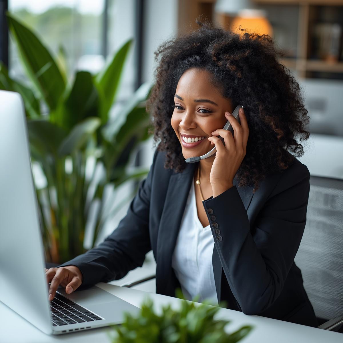 Photo-realiste-d-une-femme-noire-teleprospectrice-professionnelle-au-telephone-dans-un-bureau-portant-un-casque-telephonique-souriante-environnement-de-travail-moderne