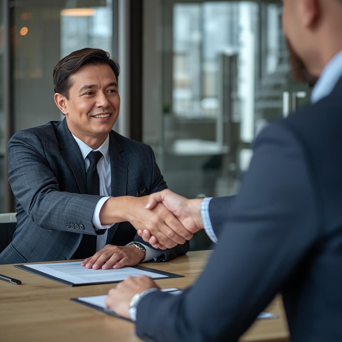 Photo-realiste-d-un-commercial-professionnel-en-train-de-conclure-une-vente-avec-un-client-signature-de-contrat-poignee-de-main-de-closing-moment-de-conclusion-d-affaire-satisfaction-client-bureau-moderne-ambiance-de-succes-commerc