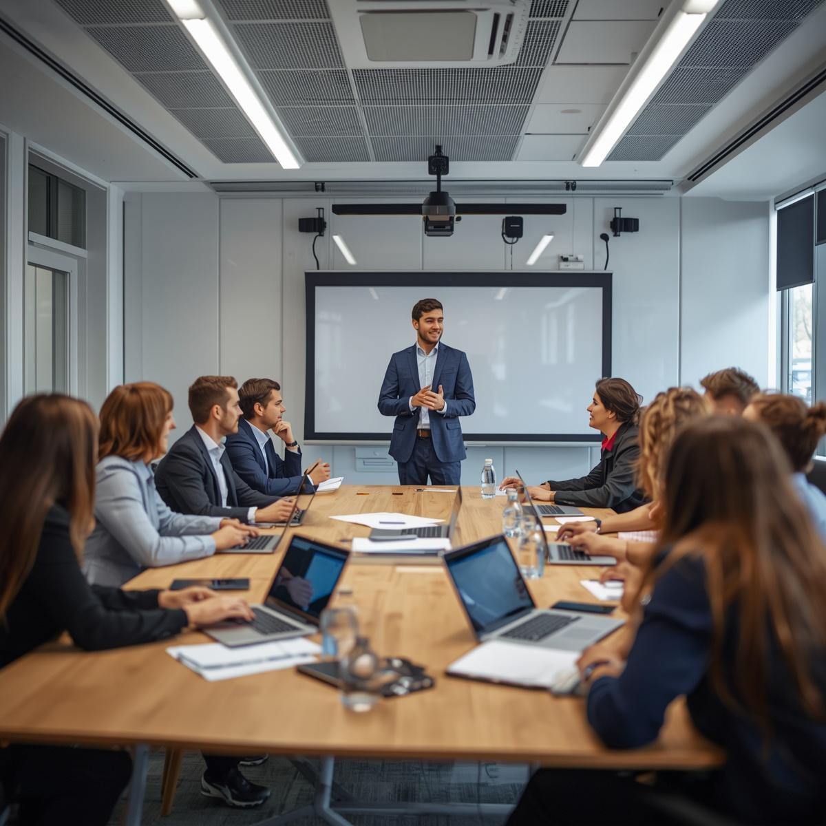 Photo-professionnelle-de-formation-B2B- -B2C-groupe-de-professionnels-en-formation-commerciale-session-de-formation-business-formateur-et-participants-salle-de-formation-moderne-ambiance-professionnelle-et-dynamique