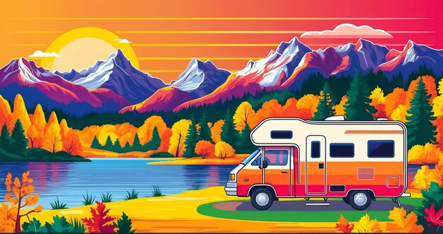 Caravane-fond-montagnes-lac-illustration-conception-automne-plat 1020514-44195