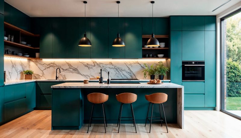 Grande cuisine verte lumineuse en l credence marbre sol parquet 1 800x458