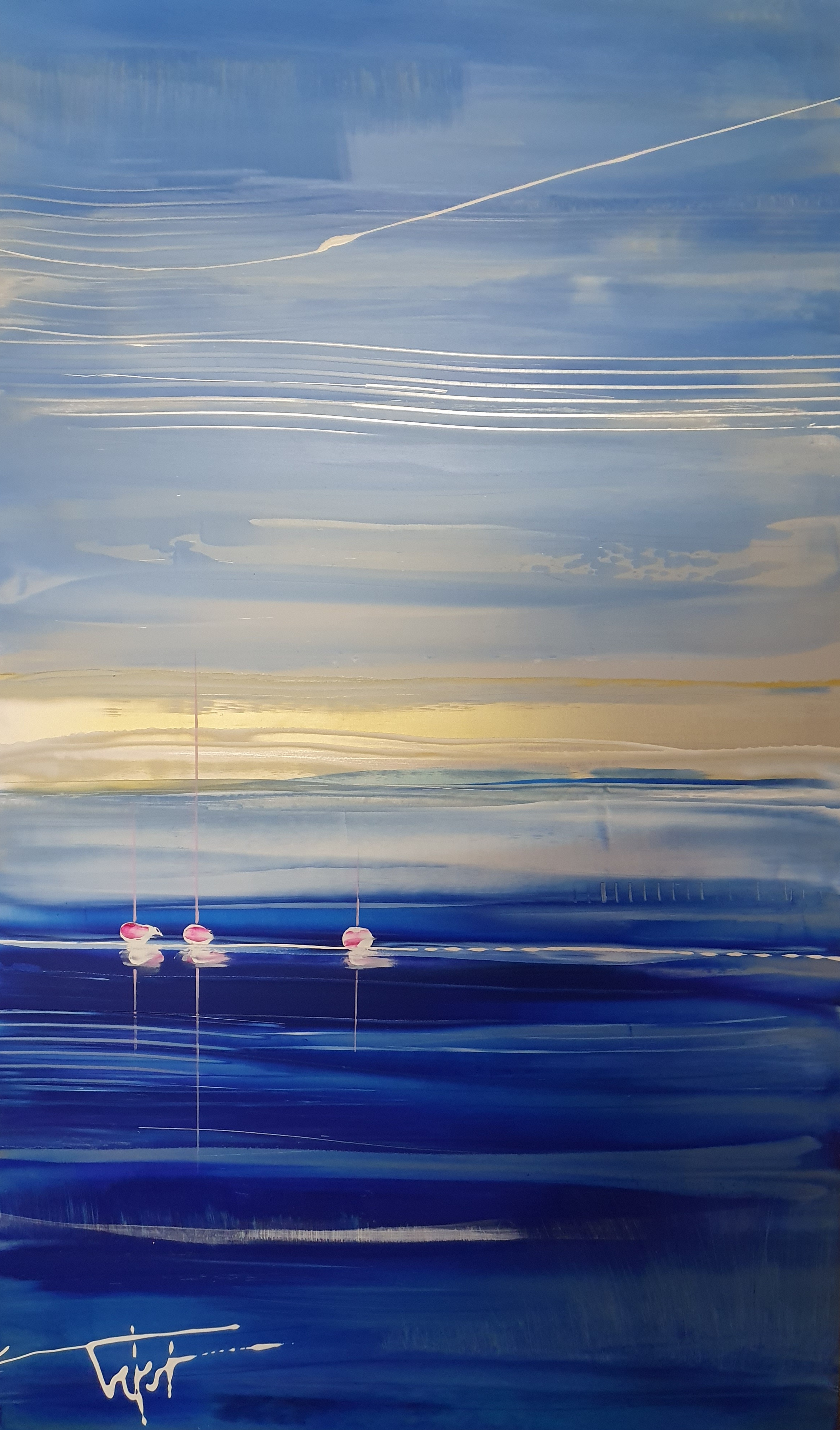 Dans le ciel bleu 2021 huile sur metal 40x70