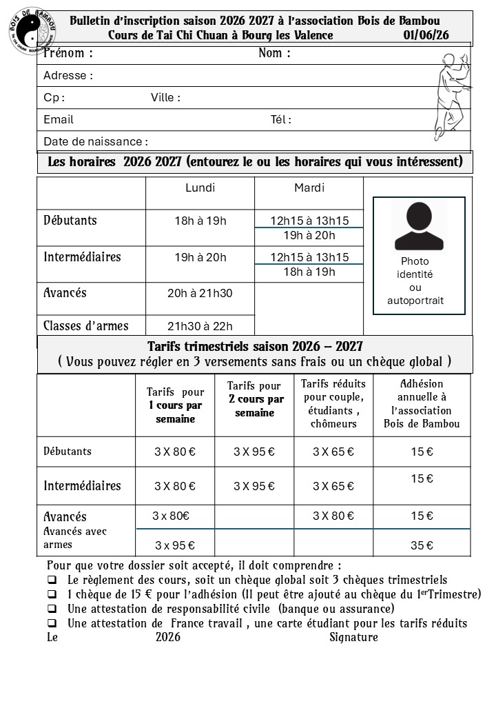 Fiche inscriptioni chi Bois de Bambou Bourg les valence