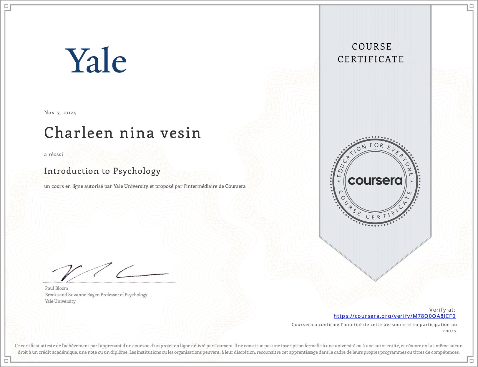 diplôme Yale introduction to psychology