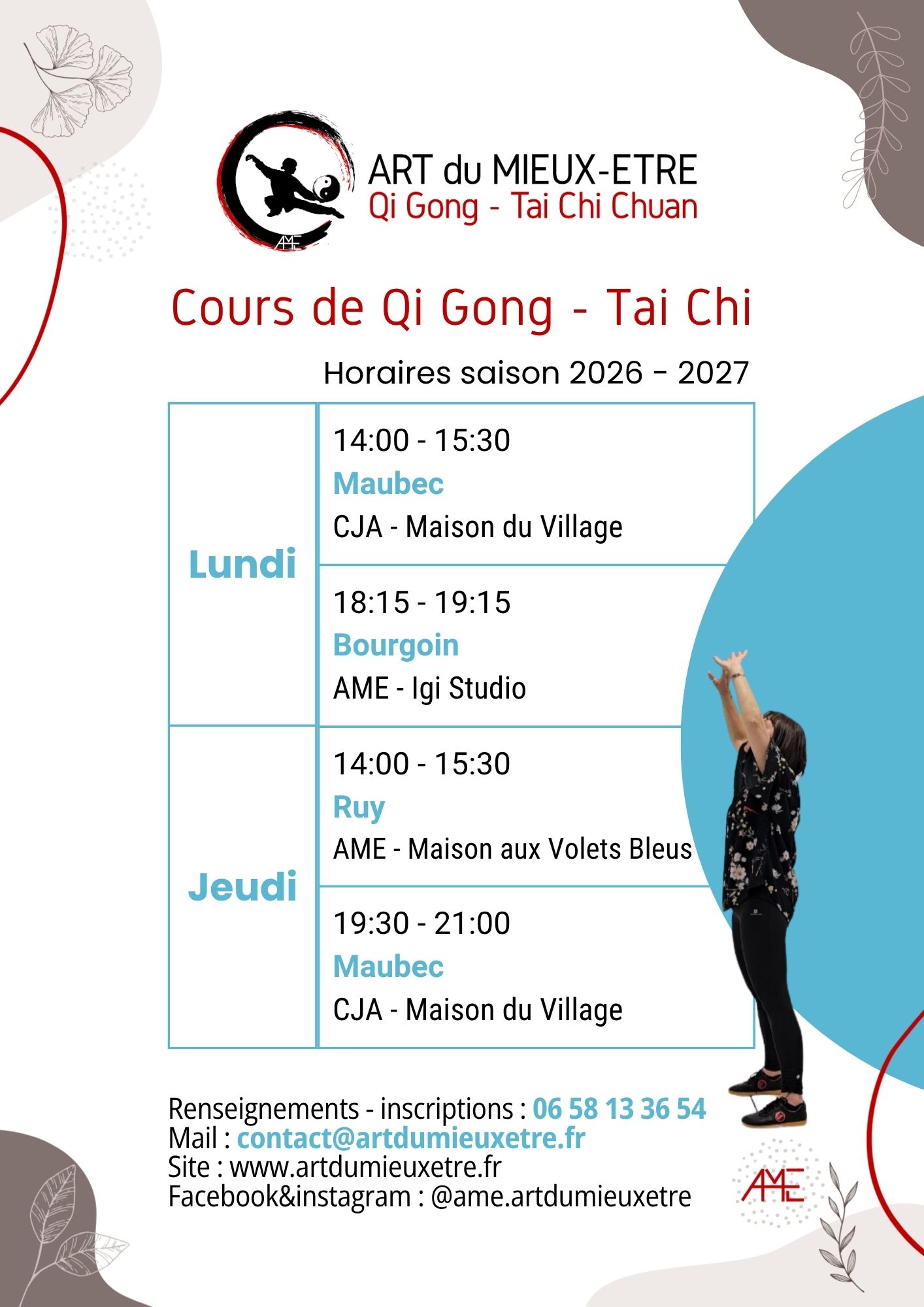 Horaires cours qi gong tai chi bourgoin ruy maubec 2026 2027 ame