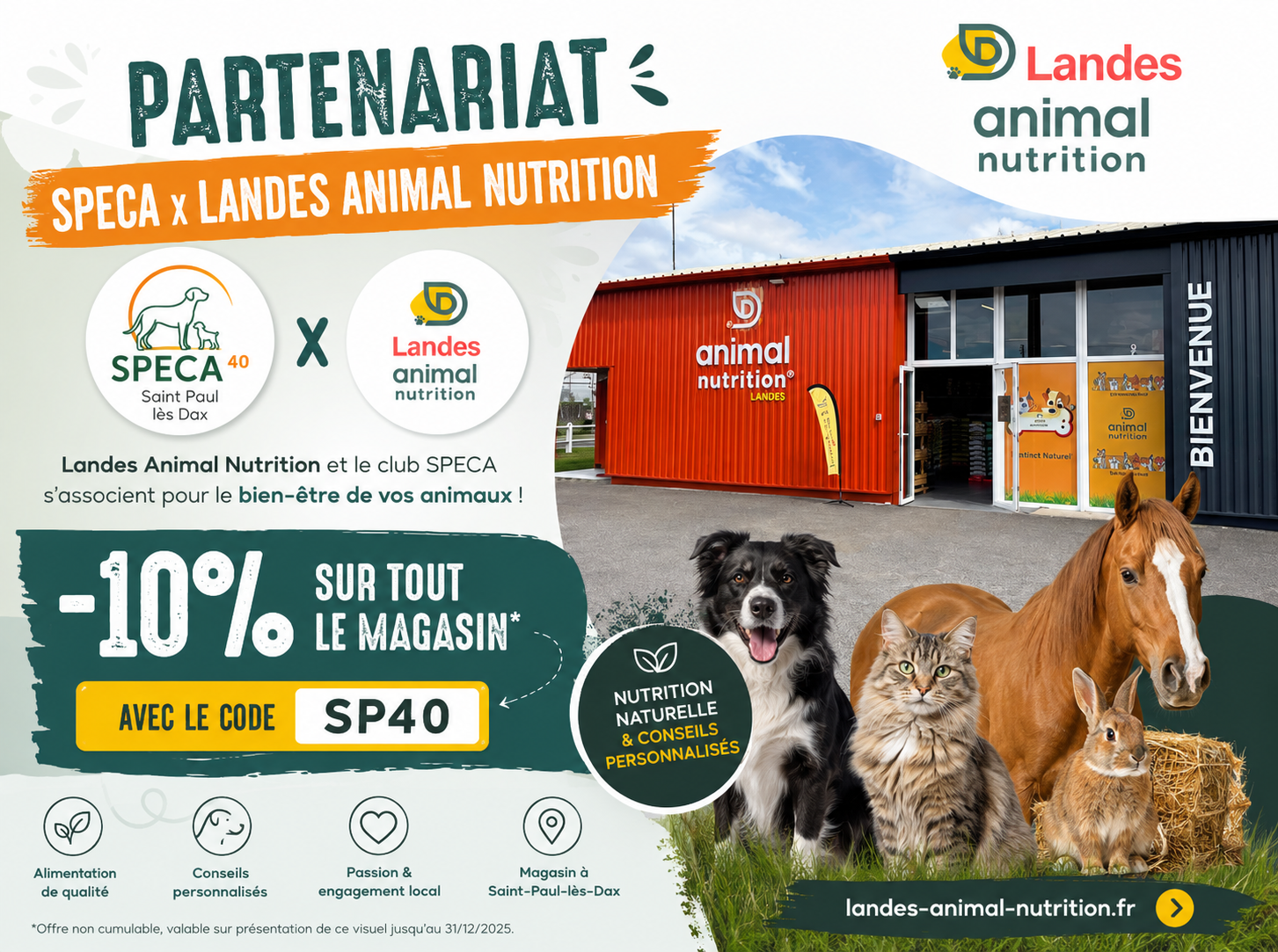 Landes Animal Nutrition, partenaire du club SPECA, propose aux adhérents du club une réduction de 10% avec le code SP40.