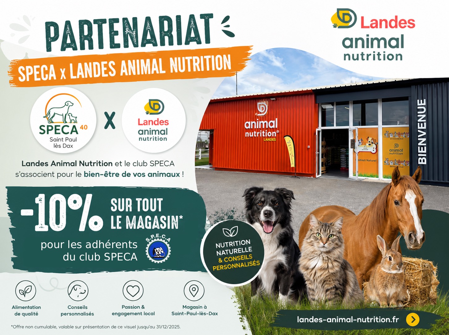 Landes Animal Nutrition, partenaire du club SPECA, propose aux adhérents du club une réduction de 10% sur l'ensemble de la boutique.