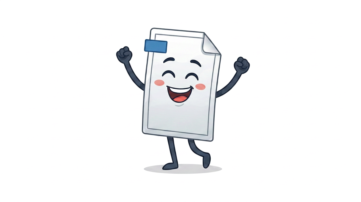 Milo est un petit document PDF blanc et bleu avec deux grands yeux ronds et un large sourire. Il lève les bras avec enthousiasme car il est content de parler de votre document