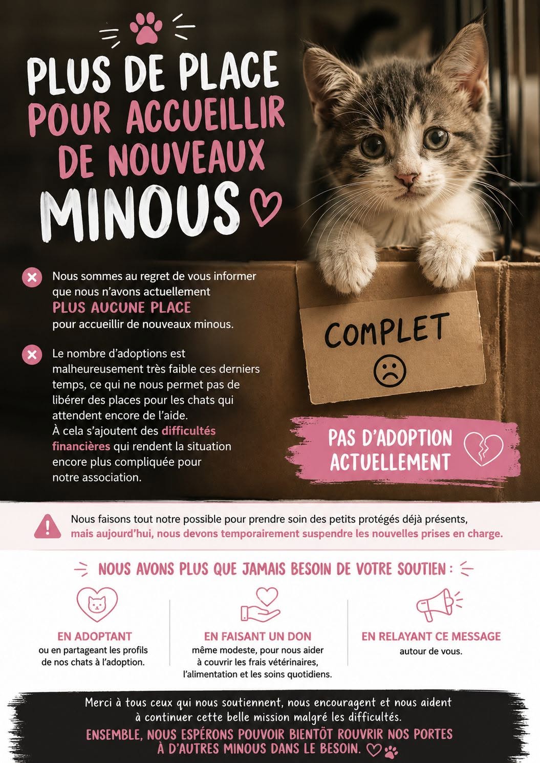 PLUS DE PLACE POUR ACCUEILLIR DE NOUVEAUX MINOUS