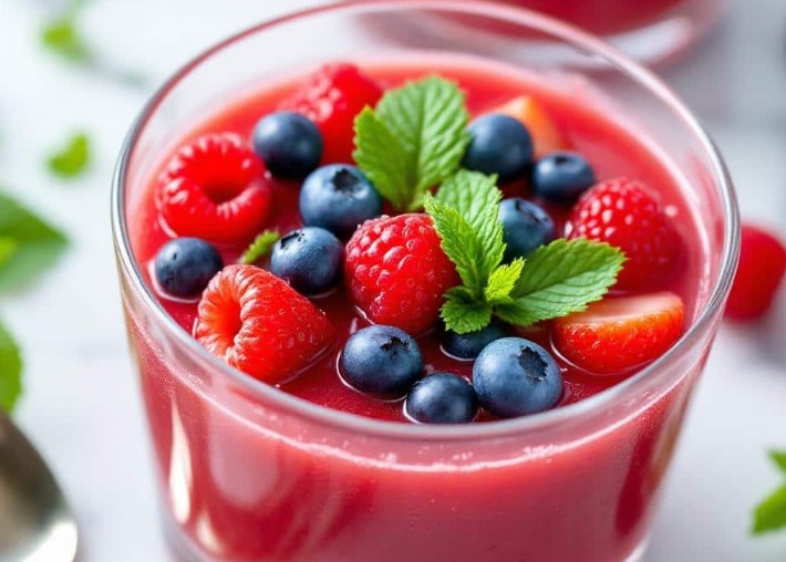 Soupe-peche-aux-petits-fruits-rouges-et-sorbet-melon