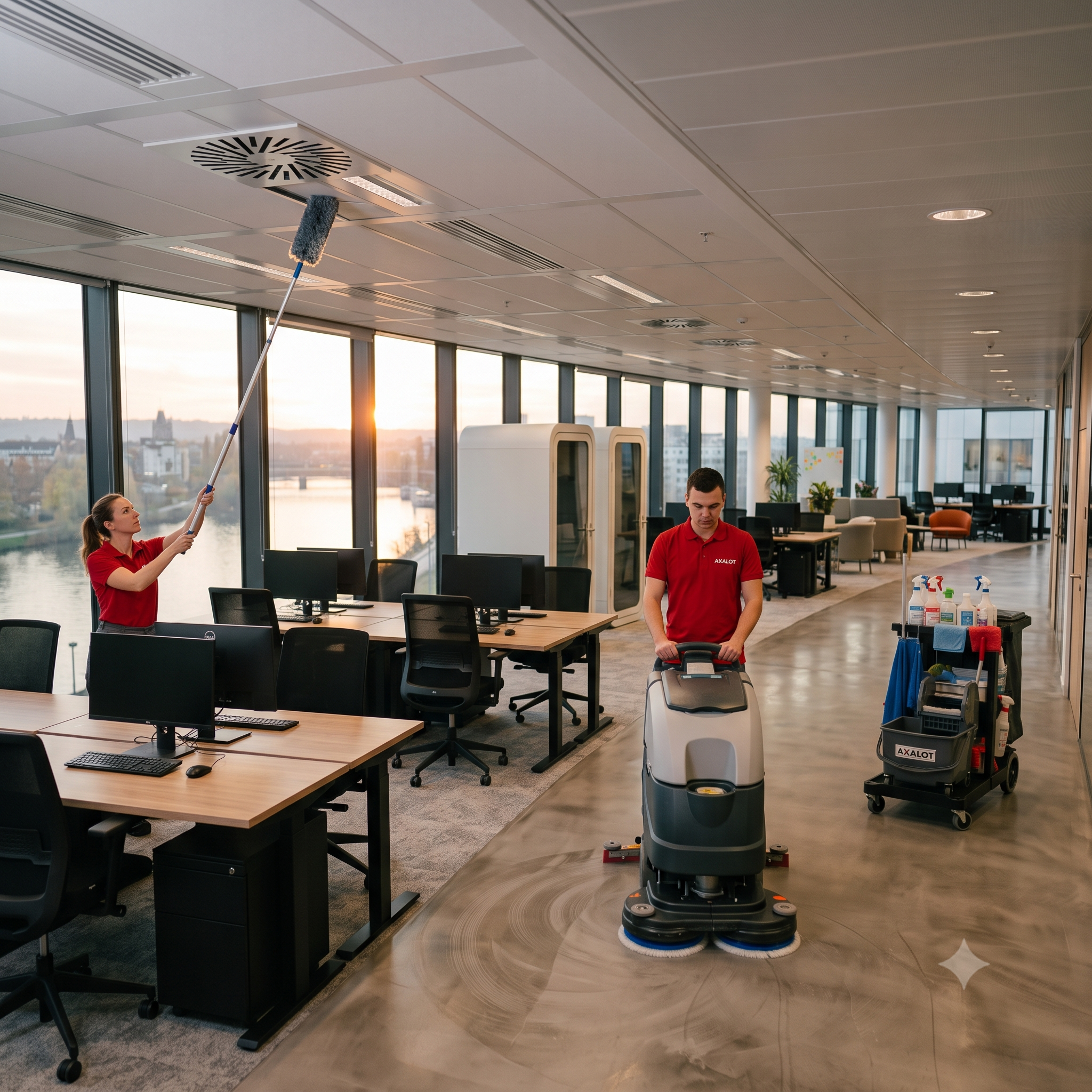 Nettoyage d'un open space en Moselle par Axalot : désinfection des postes informatiques partagés, lustrage des sols et vidage des corbeilles. Une hygiène collective garantie.
