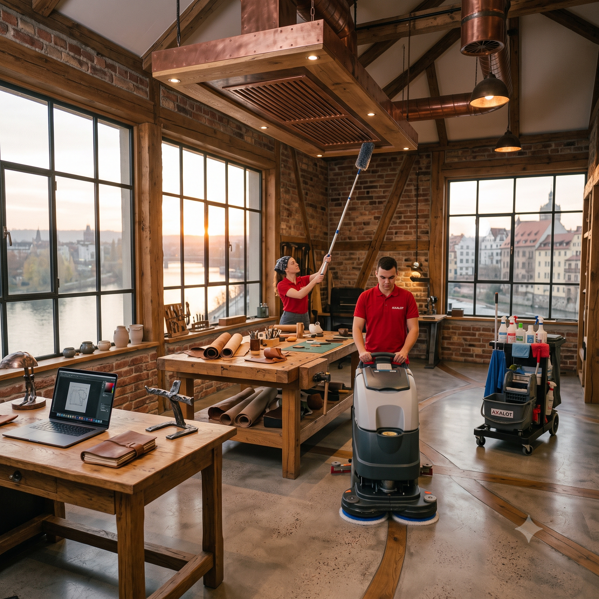 Entretien d'espaces de travail par Axalot : équipe pro nettoyant un bureau d'angle, dépoussiérage des écrans et aspiration de la moquette. Une propreté visible pour vos locaux.