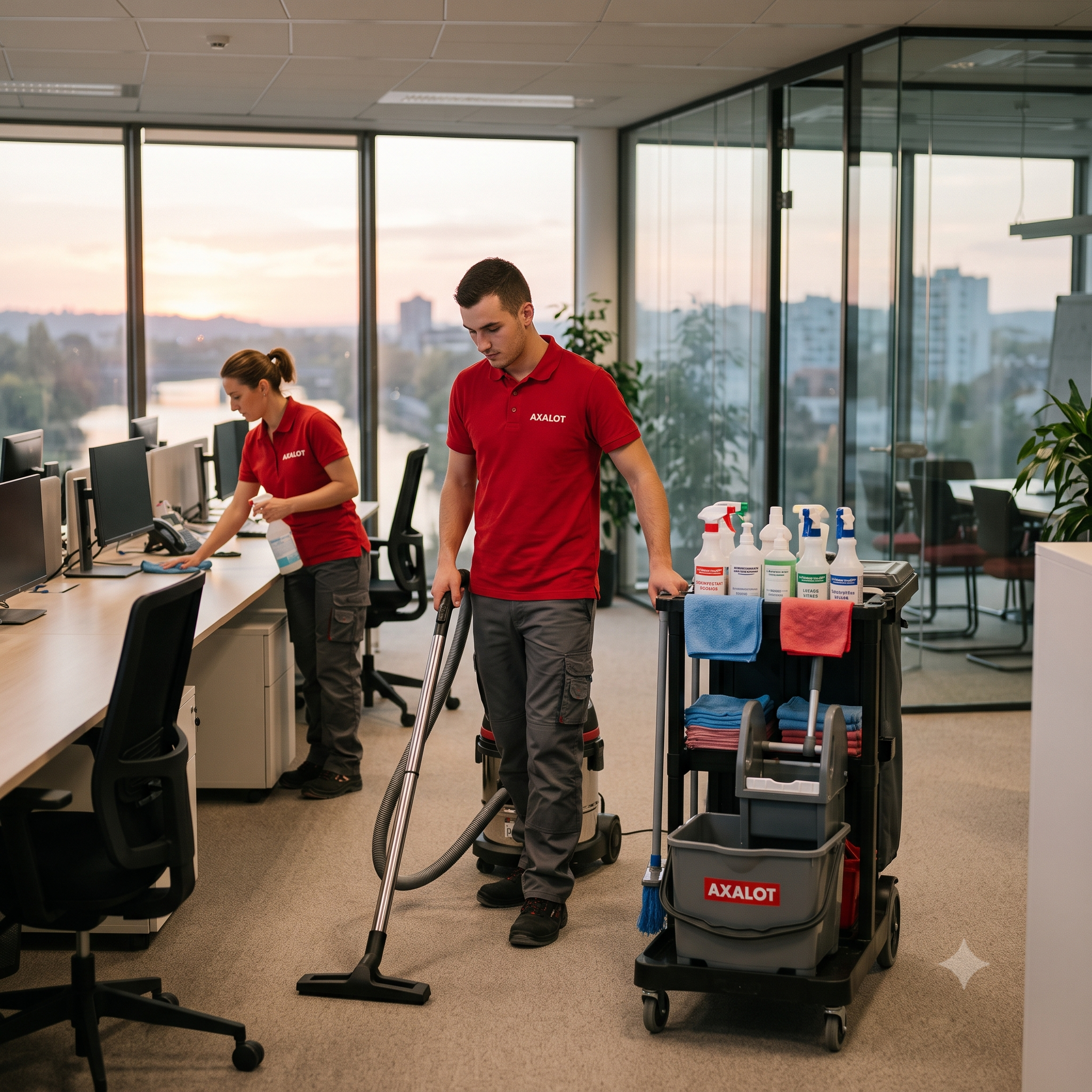 Nettoyage de bureau en Moselle par Axalot : agents en polo rouge désinfectant un open space moderne avec chariot d'entretien, aspirateur et vitres. Des locaux propres et sains.