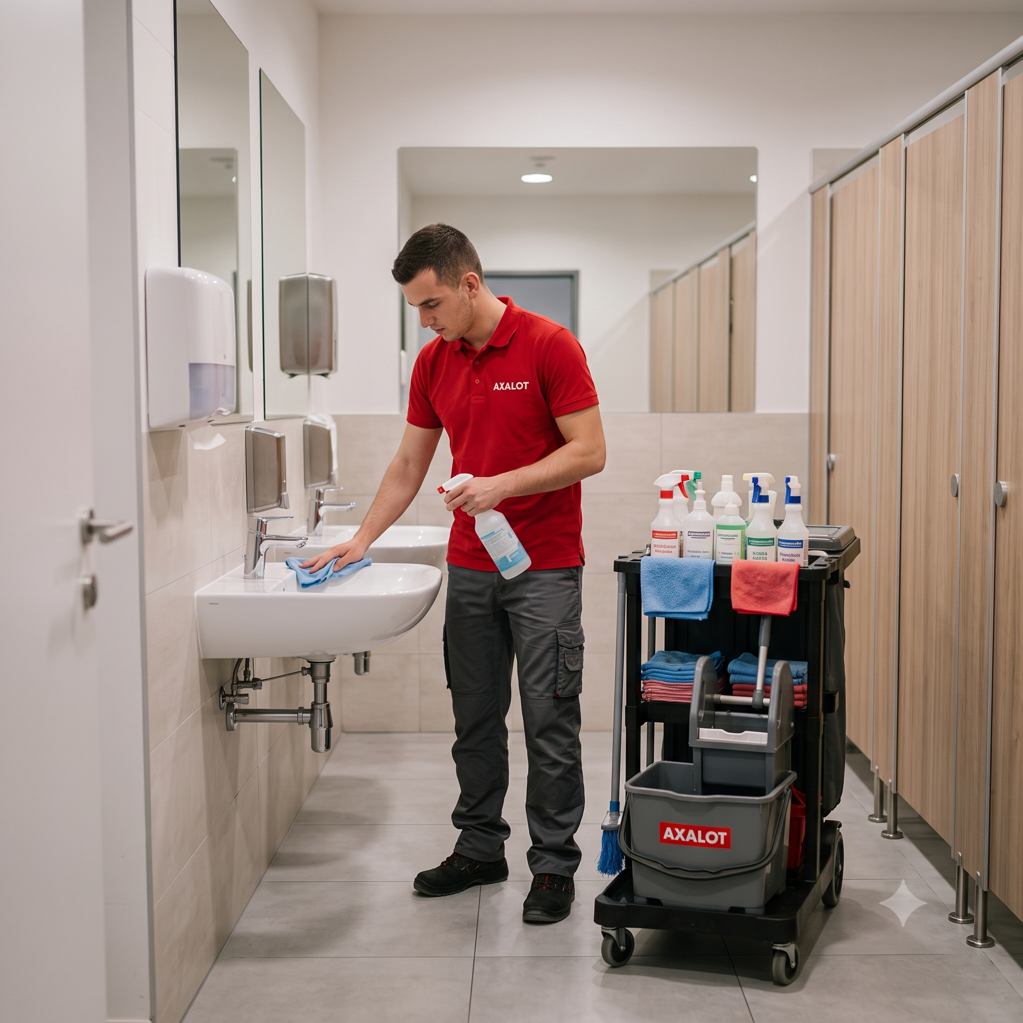 Désinfection des sanitaires de bureaux par Axalot : détartrage des lavabos, nettoyage des miroirs et sols. Une hygiène et une fraîcheur irréprochables pour vos collaborateurs.