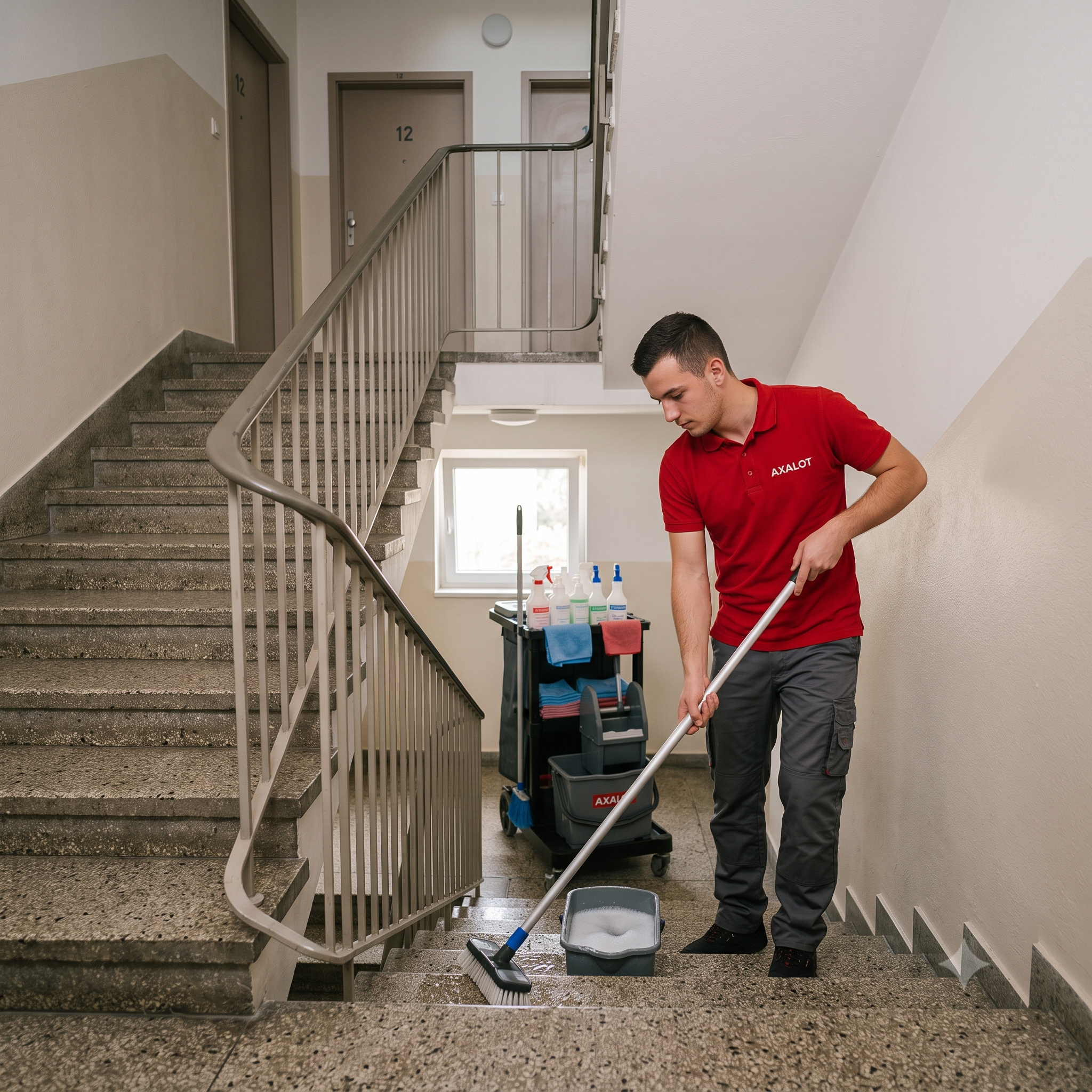 Entretien de copropriété par Axalot : aspiration des cages d'escalier, lustrage des parois inox de l'ascenseur et désinfection des zones de contact. Une hygiène irréprochable.