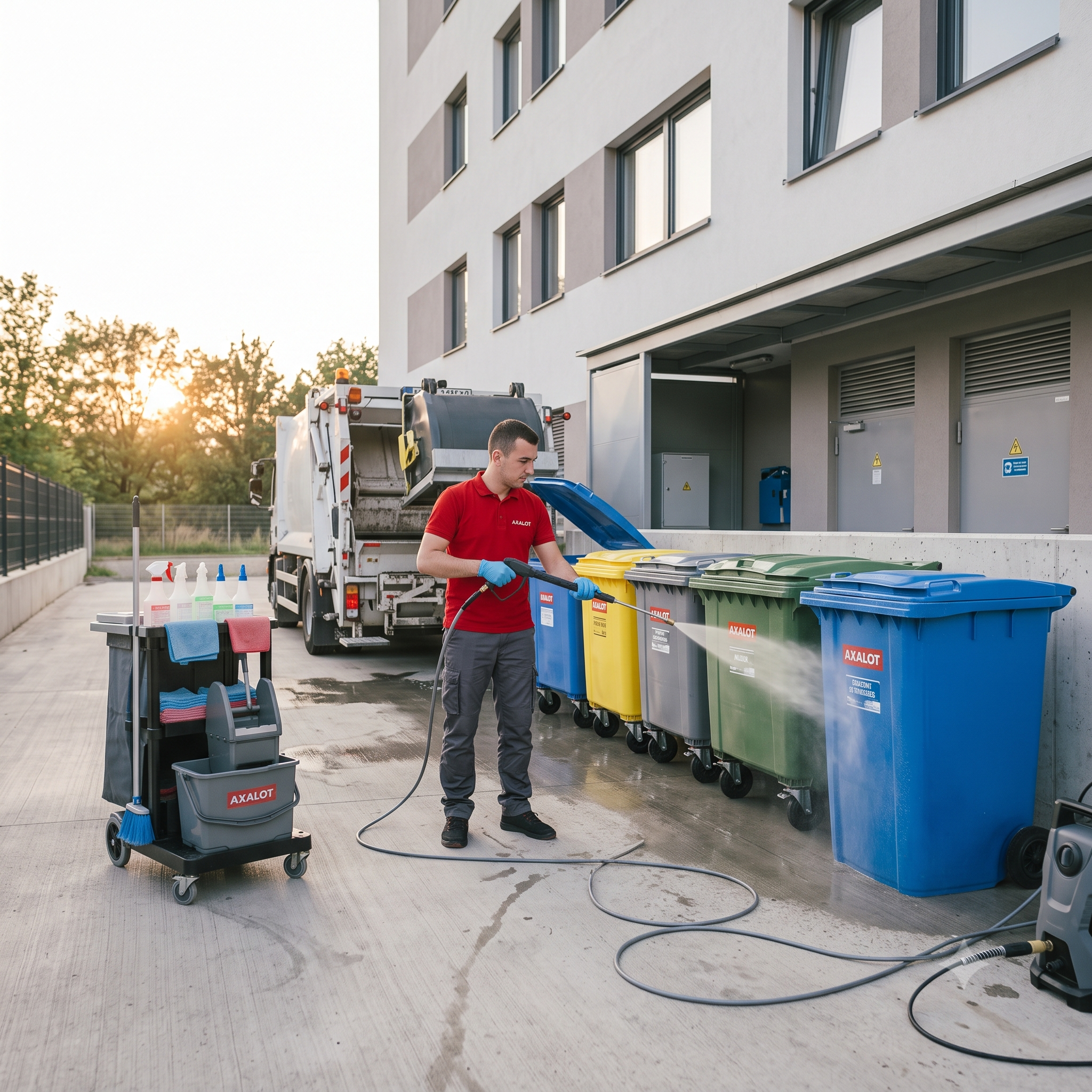 Entretien des bacs roulants par Axalot : lavage, désinfection et sortie des conteneurs d'immeuble. Nettoyage haute pression pour éliminer les odeurs et bactéries des poubelles.