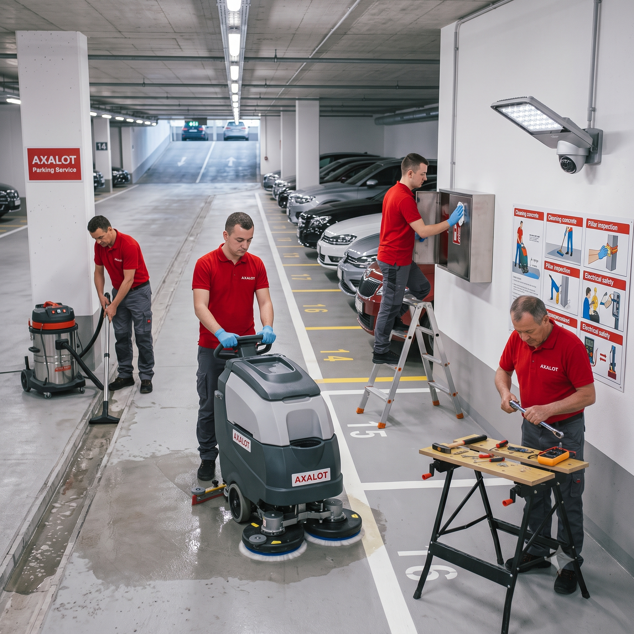 Nettoyage parking sous-sol par Axalot : lavage du sol à l'autolaveuse, aspiration industrielle et dépoussiérage. Un entretien complet pour des parkings propres et sécurisés.